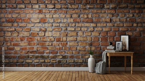 Rustic brick wall with wooden floor and table decor interior wood floor
