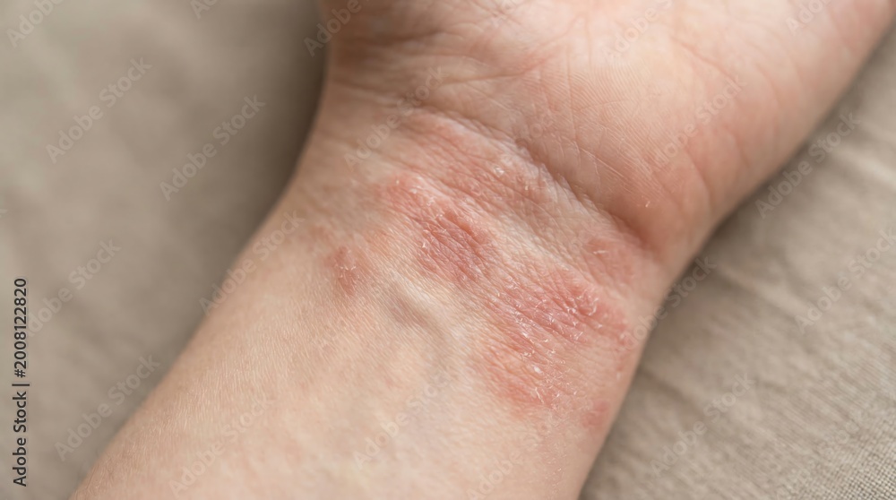 Fototapeta premium Skin Condition on a Human Wrist Displaying Severe Redness Inflammation and Dry Scaly Patches