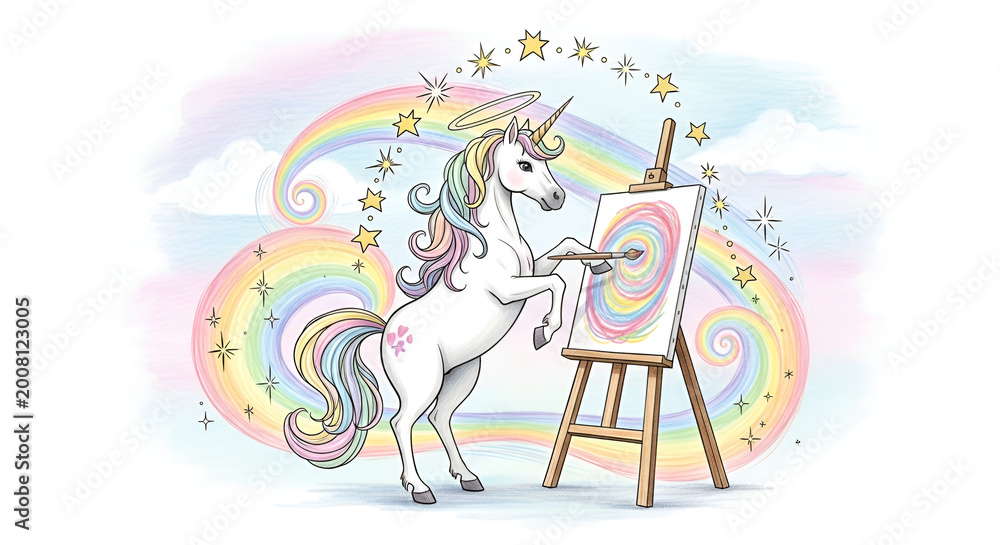 Naklejka premium Whimsical unicorn painter creating vibrant swirl on canvas with rainbow backdrop halo stars in charming cartoon illustration style