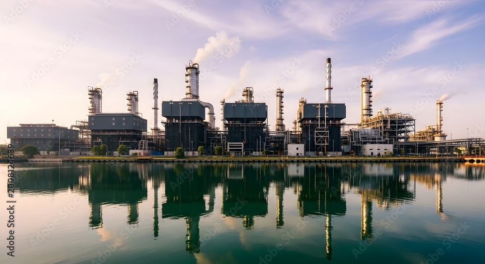 Fototapeta premium Industrial petrochemical refinery plant at sunset with water reflection.