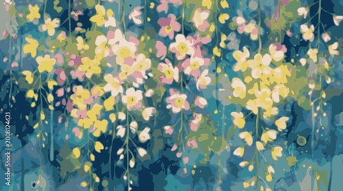 Beautiful hanging flowers in yellow pink and white on blue background