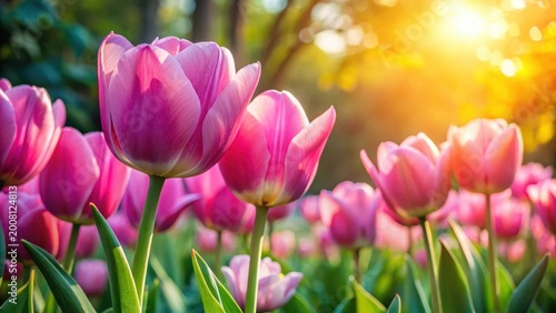 A realistic photo of close up pink tulips in the garden