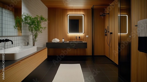 Modern Minimalist Bathroom Interior with Wood Paneling and Black Fixtures