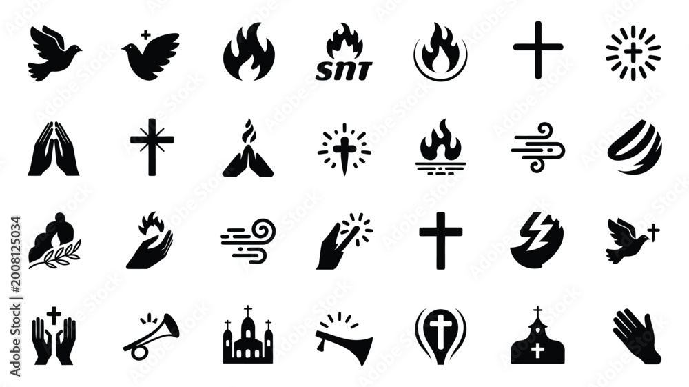 Obraz premium Minimalist vector icons of religious symbols hands flames and crosses on white background