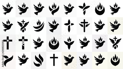 Photography Minimalist grid layout showcasing black icons of doves crosses and flames on whi
