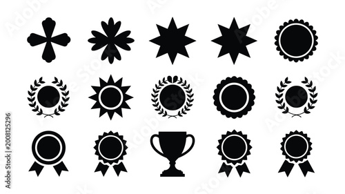 Foto Collection of black award icons badges and symbols on white background featuring