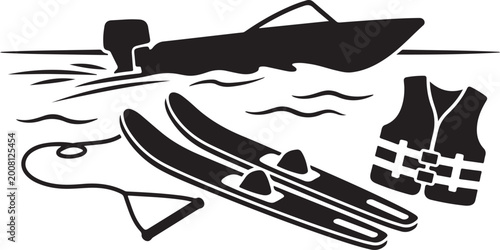 Konstfotografi Black and white silhouette of a motorboat on water with a pair of water skis, a