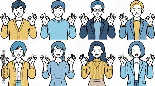 Foto 両手OKサインの男女セット｜高評価・安心・成功を表すビジネス人物イラスト