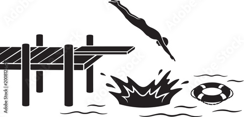Photos Silhouette of a person diving from a wooden pier into water with a splash and a