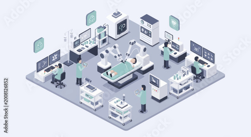 Isometric view of a futuristic operating room with robotic surgery.