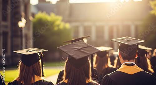 Back view of university graduates in academic dress walking towards a bright future.