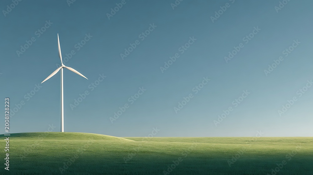 Obraz premium Wind Turbine on Green Hill Under Blue Sky Generating Clean Energy.