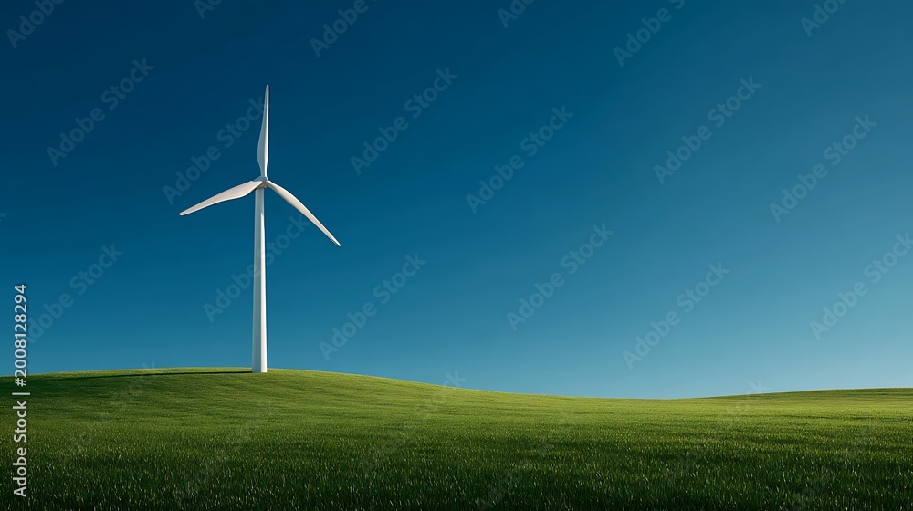 Fototapeta premium Wind Turbine on Green Hill Under Blue Sky Generating Clean Energy.