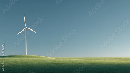 Wind Turbine on Green Hill Under Blue Sky Generating Clean Energy.