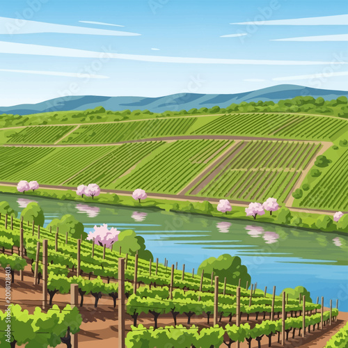 Flat vector illustration of a spring landscape in the Mosel river valley with terraced green vineyards on hills, blossoming pink fruit trees, a winding river, and blue mountains.