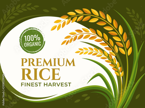 Tableau sur toile Premium Organic Rice Packaging Design Template with Golden Grain Ears and Green