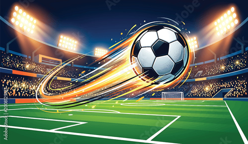 Soccer ball flying through stadium with motion blur and bright lights