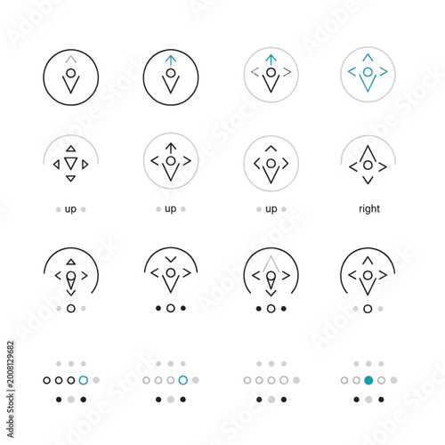 Tableau sur toile Set of directional navigation icons with arrows and dots, representing movement and guidance