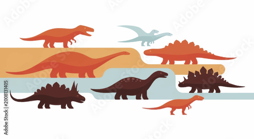 Tableau sur toile Collection of various dinosaur species in different poses and colors