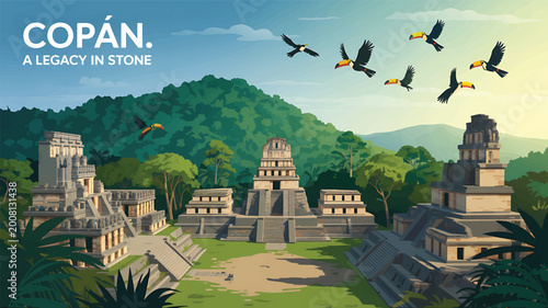 Tableau sur toile Copan Mayan ruins with stone pyramids, lush green jungle mountains, and flying t