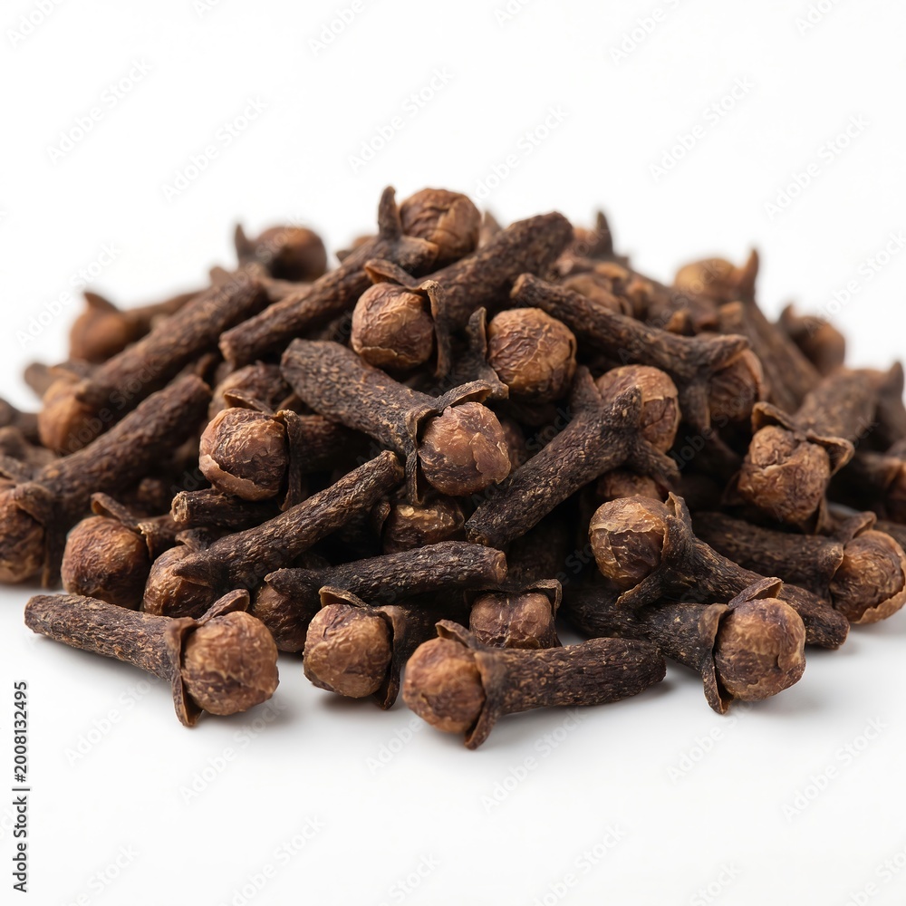 Fototapeta premium Pile of whole dried clove spice buds isolated on white background for culinary and herbal use