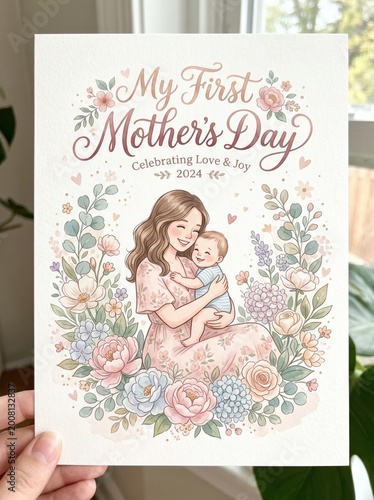 “My First Mother’s Day” text with soft floral mother illustration, pastel tones

