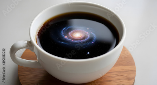 Spiral galaxy swirling inside a white ceramic cup of dark hot coffee represents the infinite mystery of the vast cosmos contained within a simple beverage