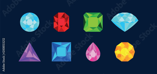 Tableau sur toile Set of colorful gemstones of different shapes with polygonal facets on dark blue