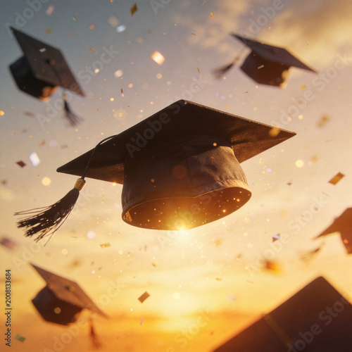 Graduation Cap Celebration with Golden Confetti at Sunset