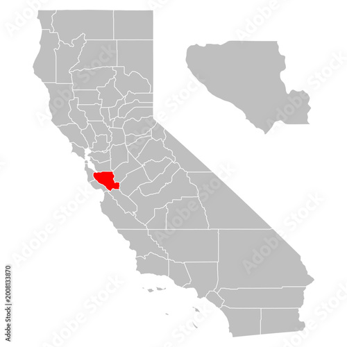 Obraz na plátně Santa Clara County Highlighted on California State Map Vector Illustration