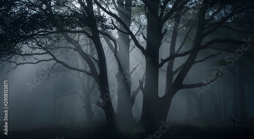 Tall dark trees stand amidst a thick mysterious fog while beams of sunlight pierce through the dense canopy creating a dramatic and serene natural forest atmosphere