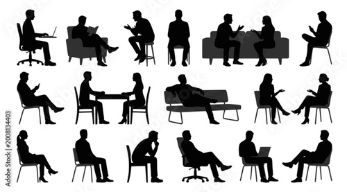 Seated people silhouettes, 2D, black and White people silhouettes

