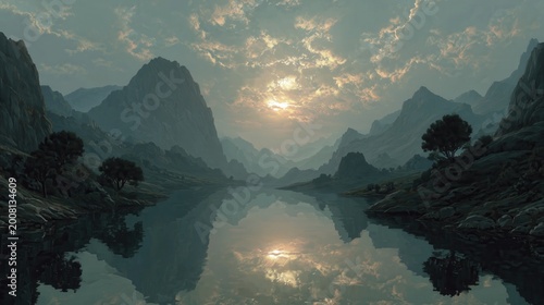 Sun sets behind mountains over calm water