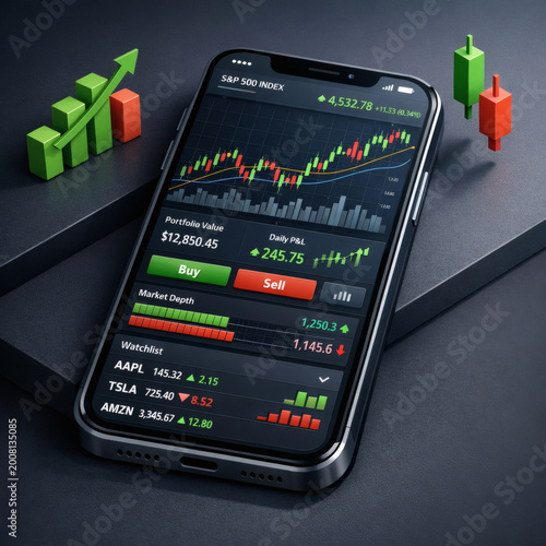 High Fidelity 3D Smartphone Mockup Displaying a Modern Business Application Interface.