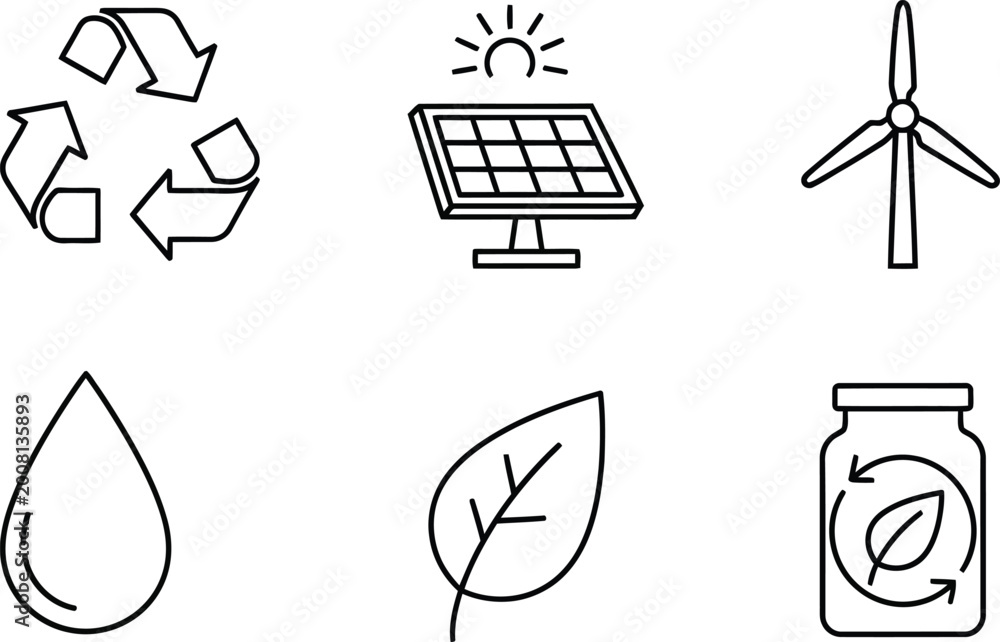 Fototapeta premium Sustainability and Renewable Energy Minimal Line Icons Vector Set