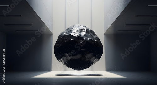 A dark jagged obsidian boulder floats in the center of a minimal architectural space with soft bright lighting illuminating its unique texture and mysterious cosmic form.