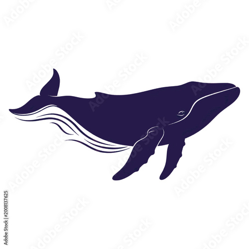 Quadro su tela Silhouette of a dark blue humpback whale swimming gracefully in the ocean, depicted with flowing lines