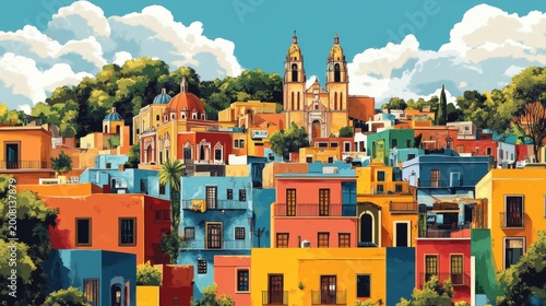Guanajuato Mexico Poster Illustration Travel Print Decor Gift Paper Canvas Wall Retro Art