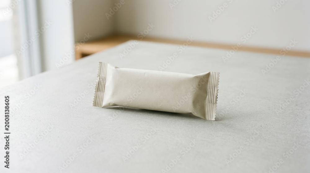 Fototapeta premium A chocolate bar sits on a white table indoors.