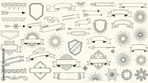 Collection of Vintage Decorative Elements and Ornate Ribbons.