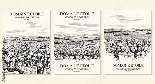 Vintage wine poster templates, Domaine Étoile labels, wine label designs, black and white illustrations