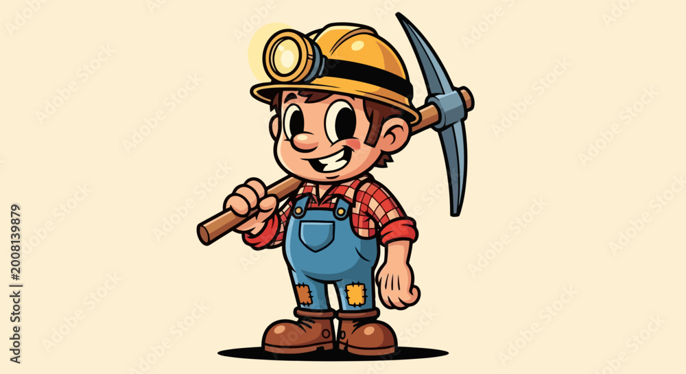 Fototapeta premium A cheerful cartoon miner wearing a yellow hard hat with a headlamp, holding a pickaxe over his shoulder, dressed in blue overalls and a red plaid shirt.