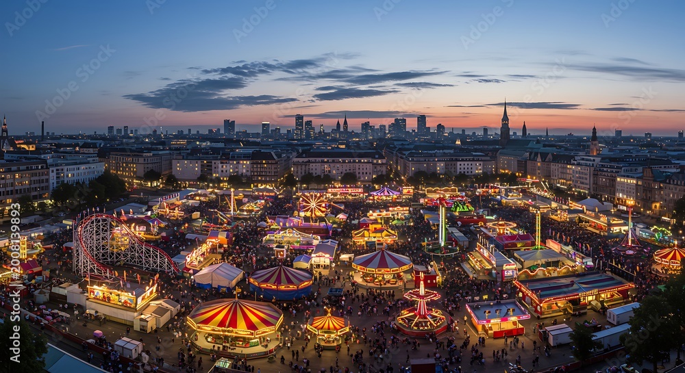 Obraz premium High angle view of a festive amusement park at twilight with bright lights, carnival rides and a city skyline.