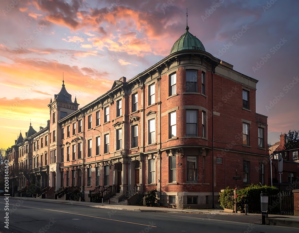 Fototapeta premium A majestic red brick building at sunset