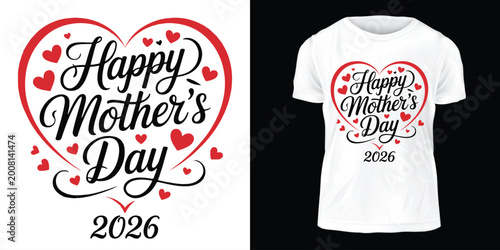 Schilderij op canvas Happy Mother’s Day 2026 Vector Design, Heart Shape Typography, Love Mom Illustra