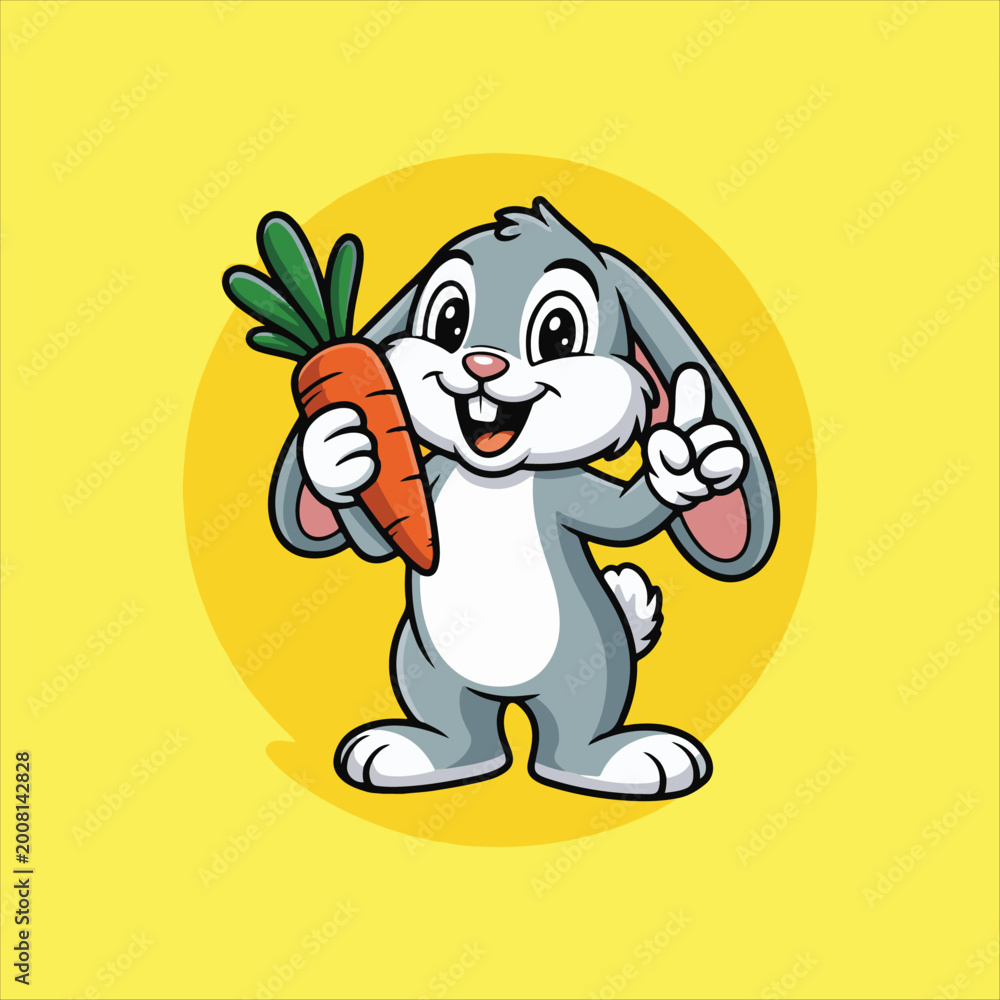 Obraz premium Funny bunny cartoon character holding carrot mascot logo,Friendly grey rabbit holding a carrot for easter design.