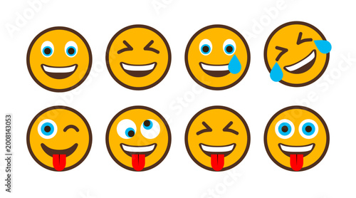 Canvas Print laugh and prank emotion icons, different emoticons yellow round vector emoji set