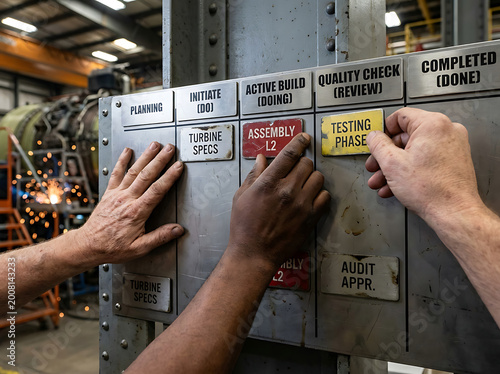 Hands of dedicated professionals guide critical project stages on a visual production board, ensuring quality control and efficient workflow in a dynamic factory setting