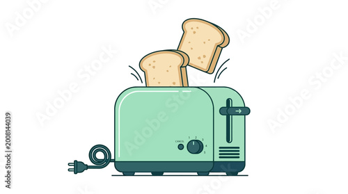 Photography Green toaster with bread popping up.