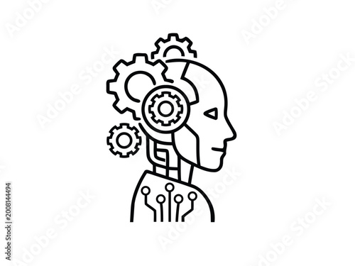Artificial Intelligence Robot Head with Gears Line Icon – Automation and Machine Learning Concept
